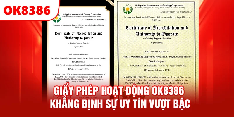 OK8386 được cấp phép bởi PAGCOR